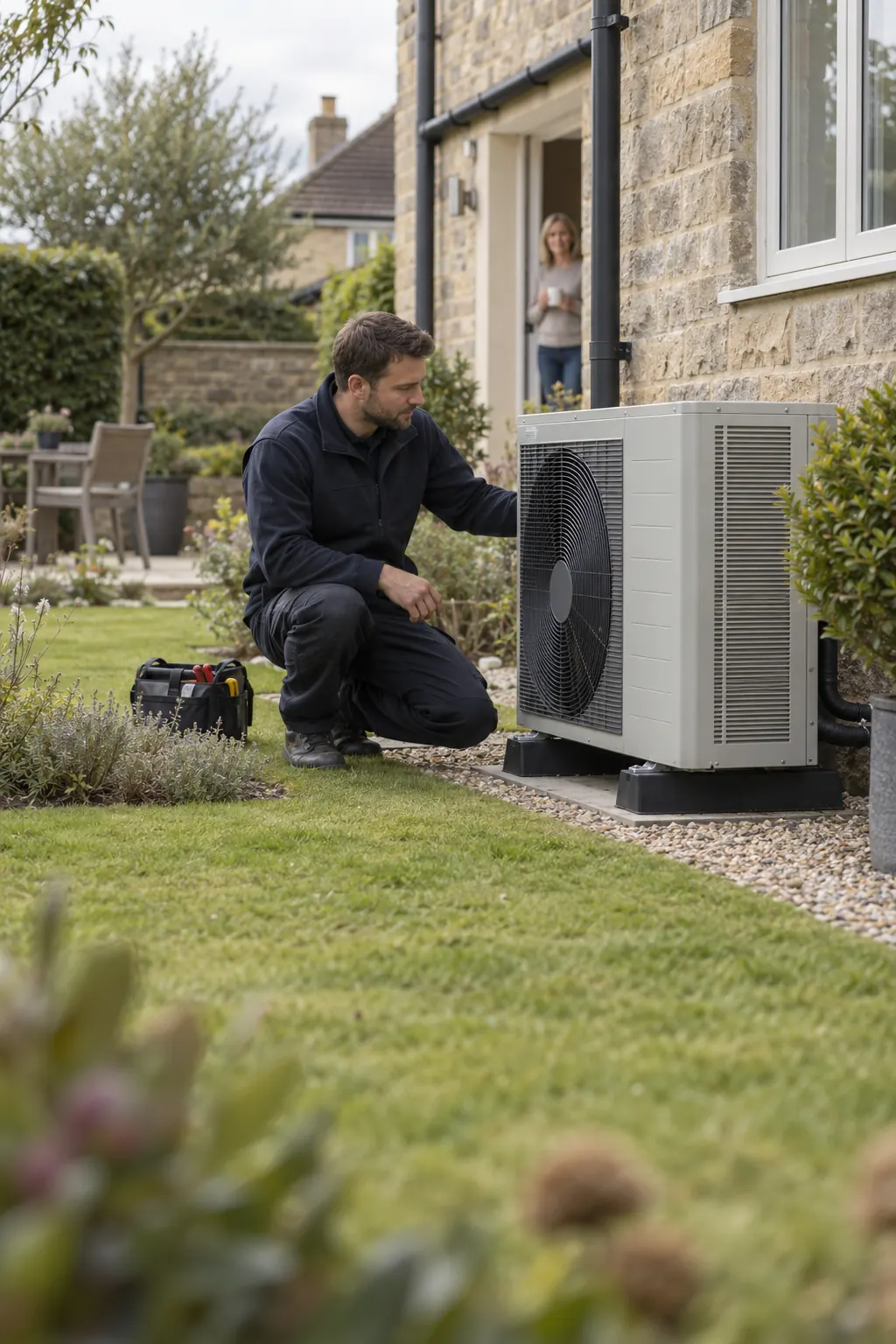 An engineer checking an air source heat pump in a garden while the homeowner watches from the doorway